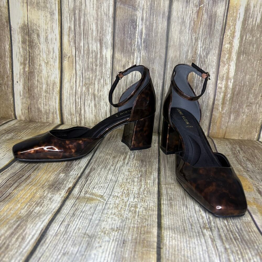 Anne Klein Brown Tortoise Patent Block Heel Pumps with Ankle Strap